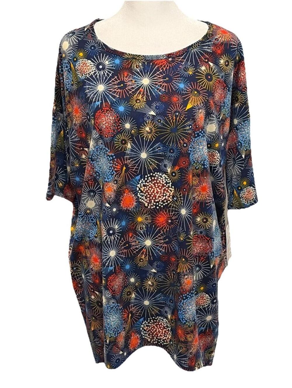NWT LuLaRoe Irma Small Top Festive Fireworks Print Blue Background Size 10-12